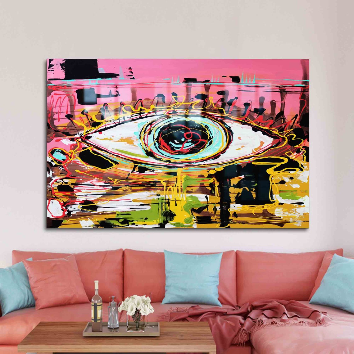 Abstract Eye Graffiti Painting Bold Pink Modern Statement Wall Art