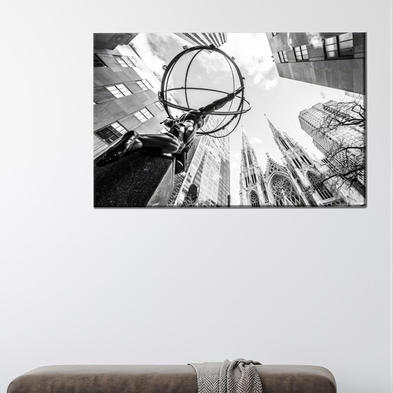 Contemporary Art Decor New York Printed Atlas Statue Ny Canvas Artwork Halloween View Housewarming Gift