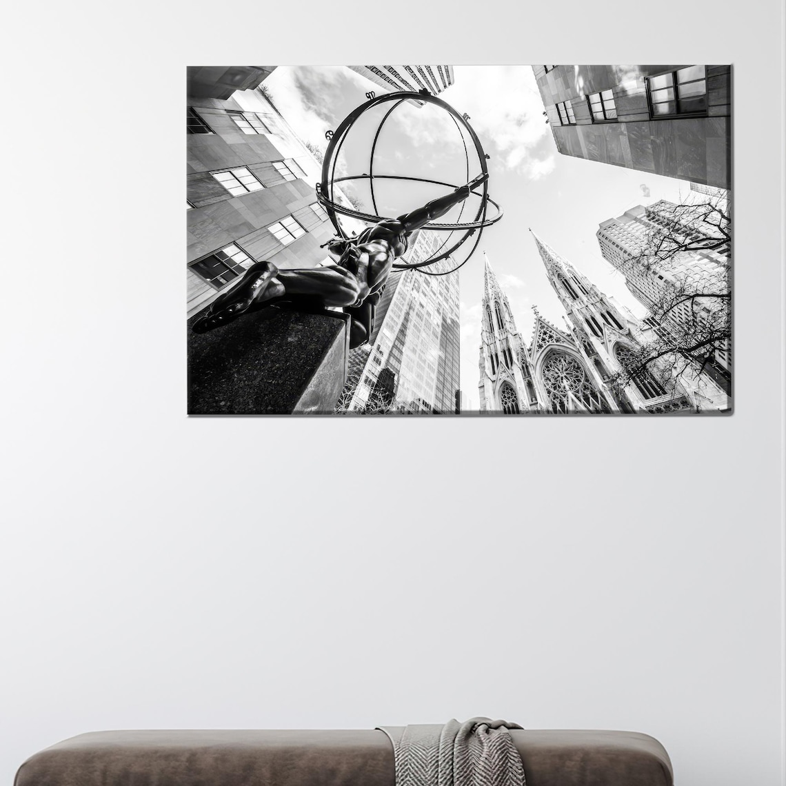 Contemporary Art Decor New York Printed Atlas Statue Ny Canvas Artwork Halloween View Housewarming Gift