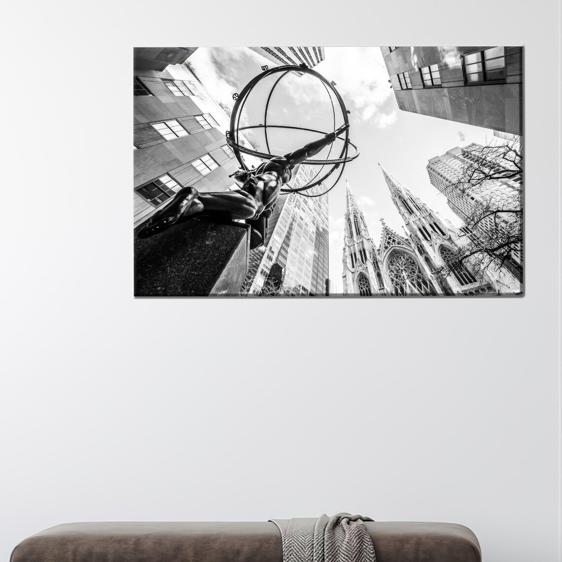 New York Atlas Statue Rockefeller Center Black White Photo Poster