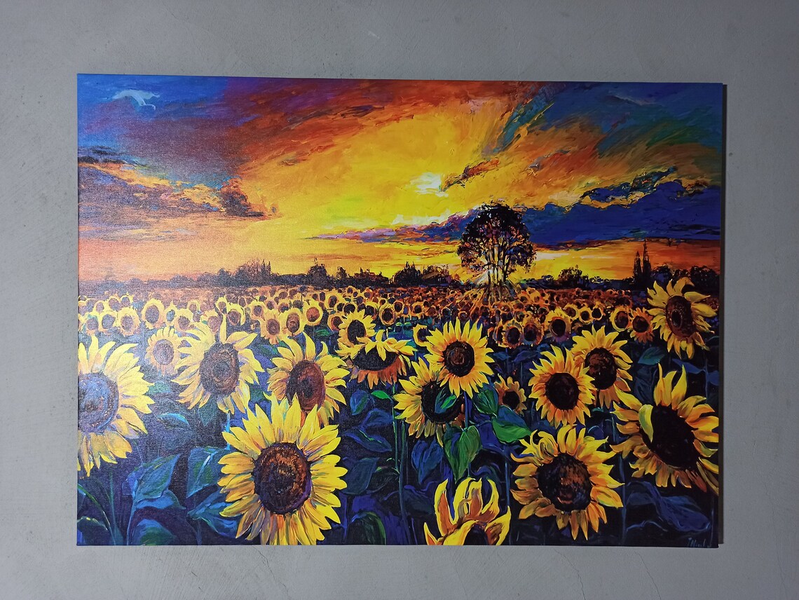 Sunflower Field Sunset Nature Landscape Art Print