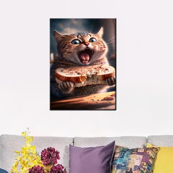 Funny Tabby Cat Sandwich Meme Hungry Kitty Canvas Art Poster