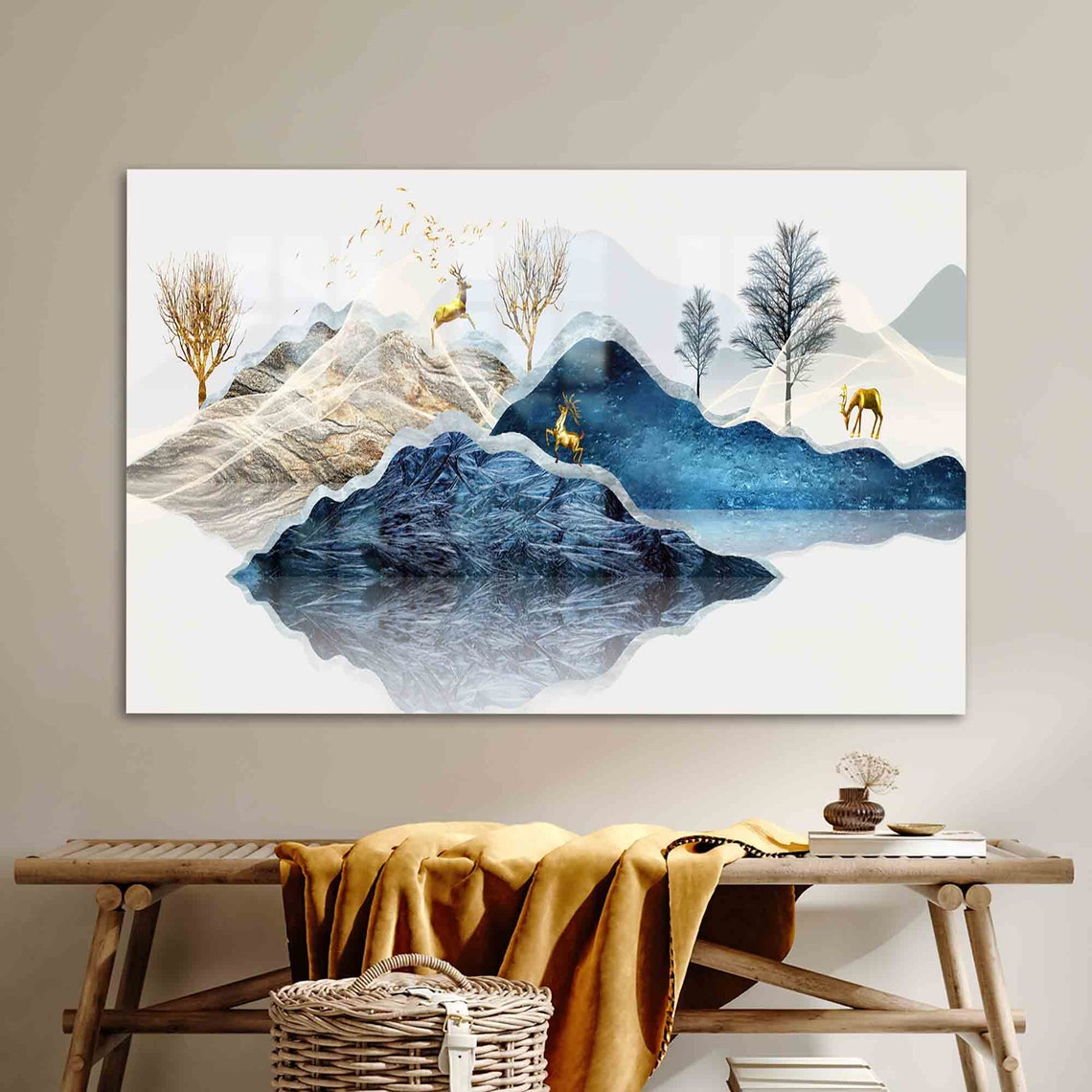 Glass Printing Mural Art Tempered Mountain Decor Abstract Wall Gold