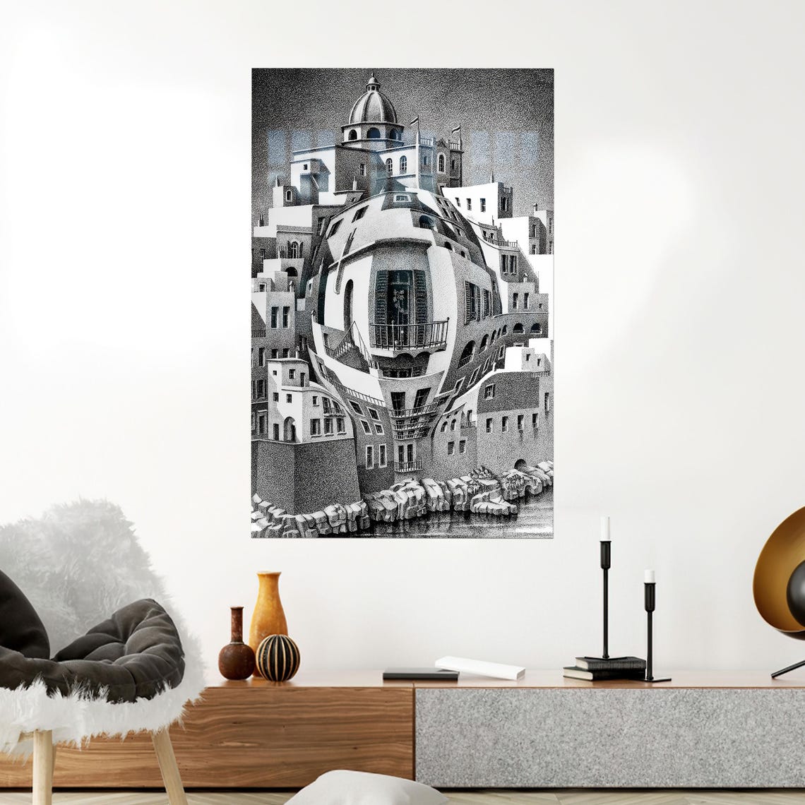 Monochrome Impossible Architecture Surreal Geometric Art Poster