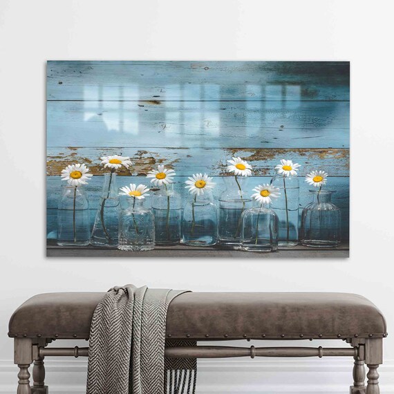 Wall Decor Glass Art Daisy Flower In Bottles Lover Gift Botanical Decoration