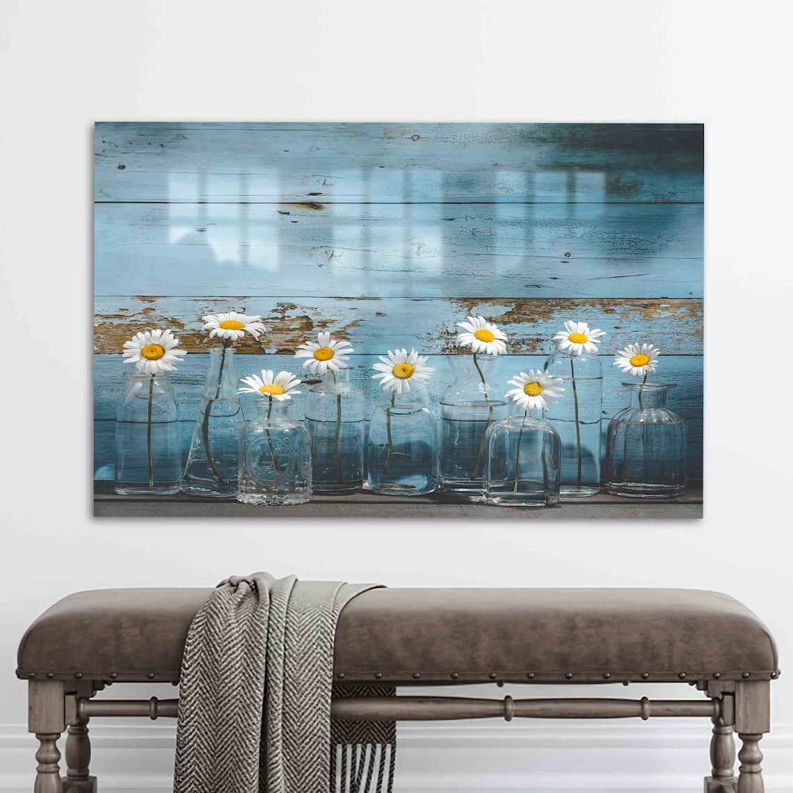 Daisies in Glass Bottles on Rustic Blue Wood Farmhouse Photo Poster