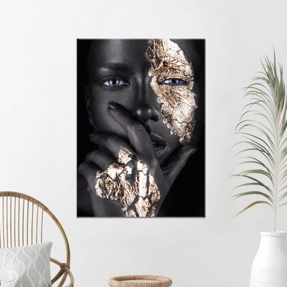 Abstract Art Canvas African Gold Woman Print Black Wall Hanging Modern Decor Bedroom