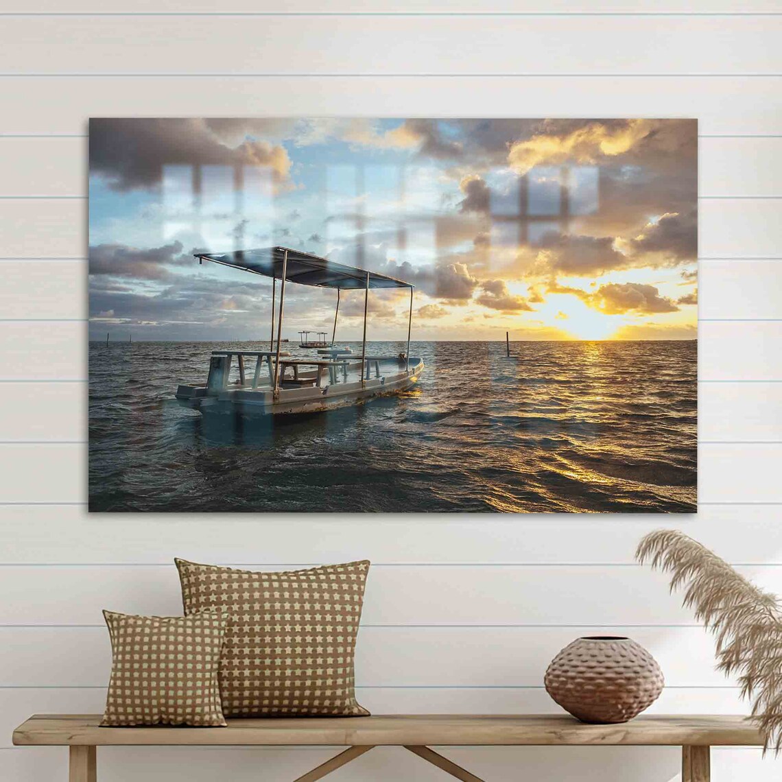 Pontoon Boat Ocean Sunset Golden Sky Horizon Seascape Photo Poster