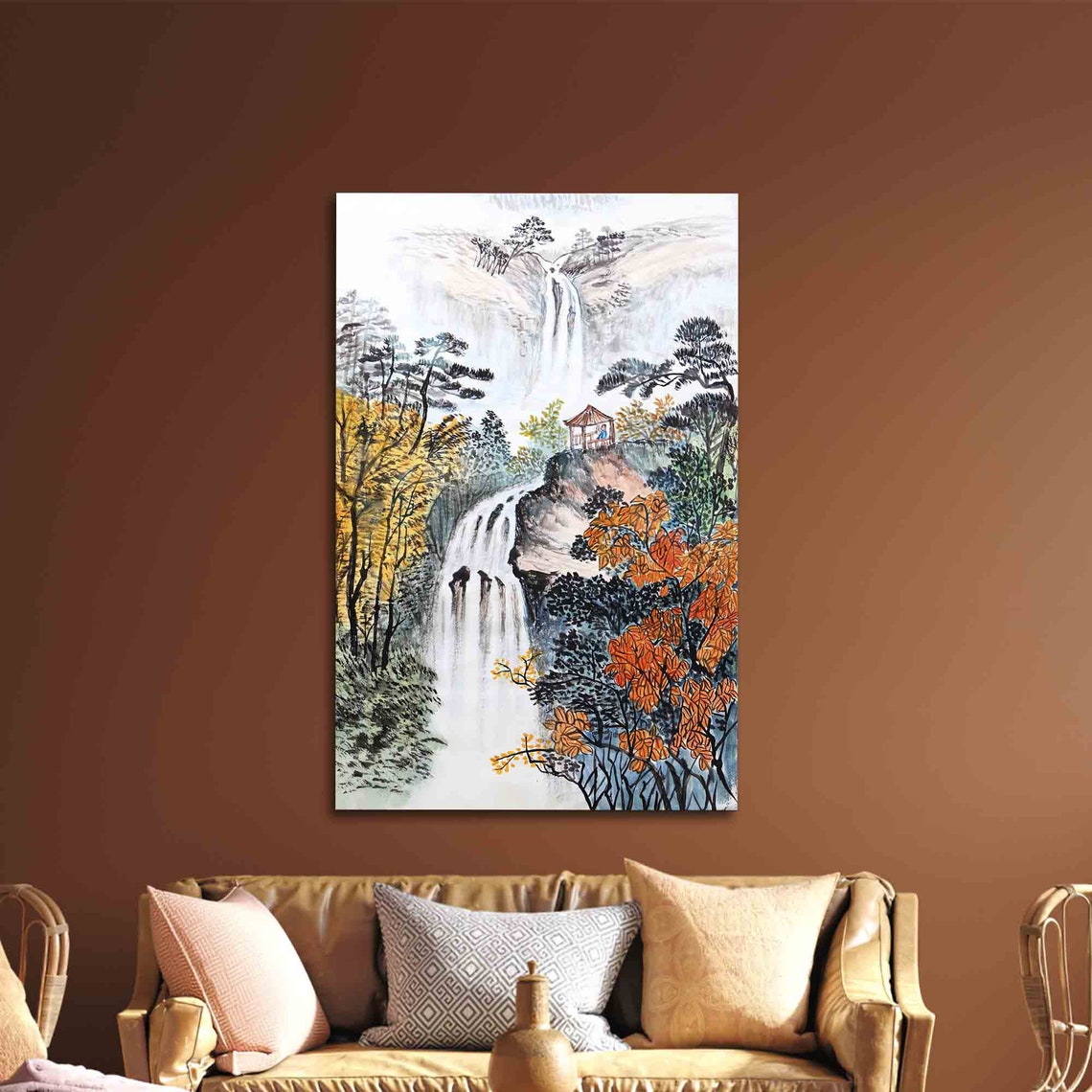 Serene Asian Waterfall Pagoda Autumn Foliage Ink Painting Poster