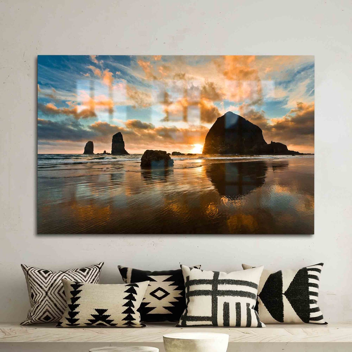 Haystack Rock Oregon Coast Golden Sunset Sea Photo Glass Wall Art