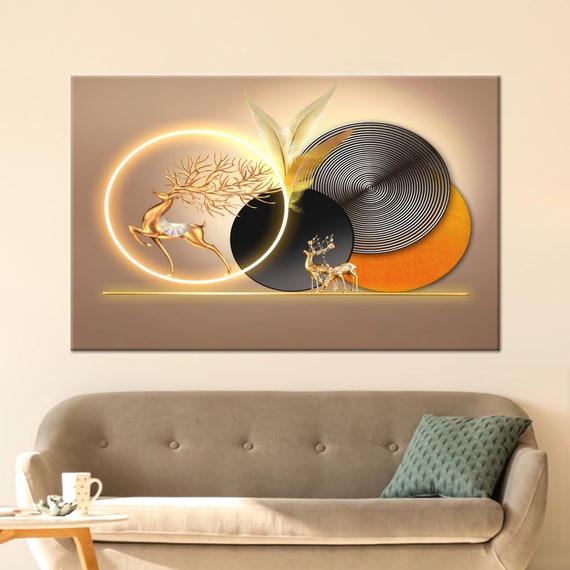 Golden Deer Canvas Modern Wall Decor Abstract Housewarming Gift Gold Art Saloon Living Room