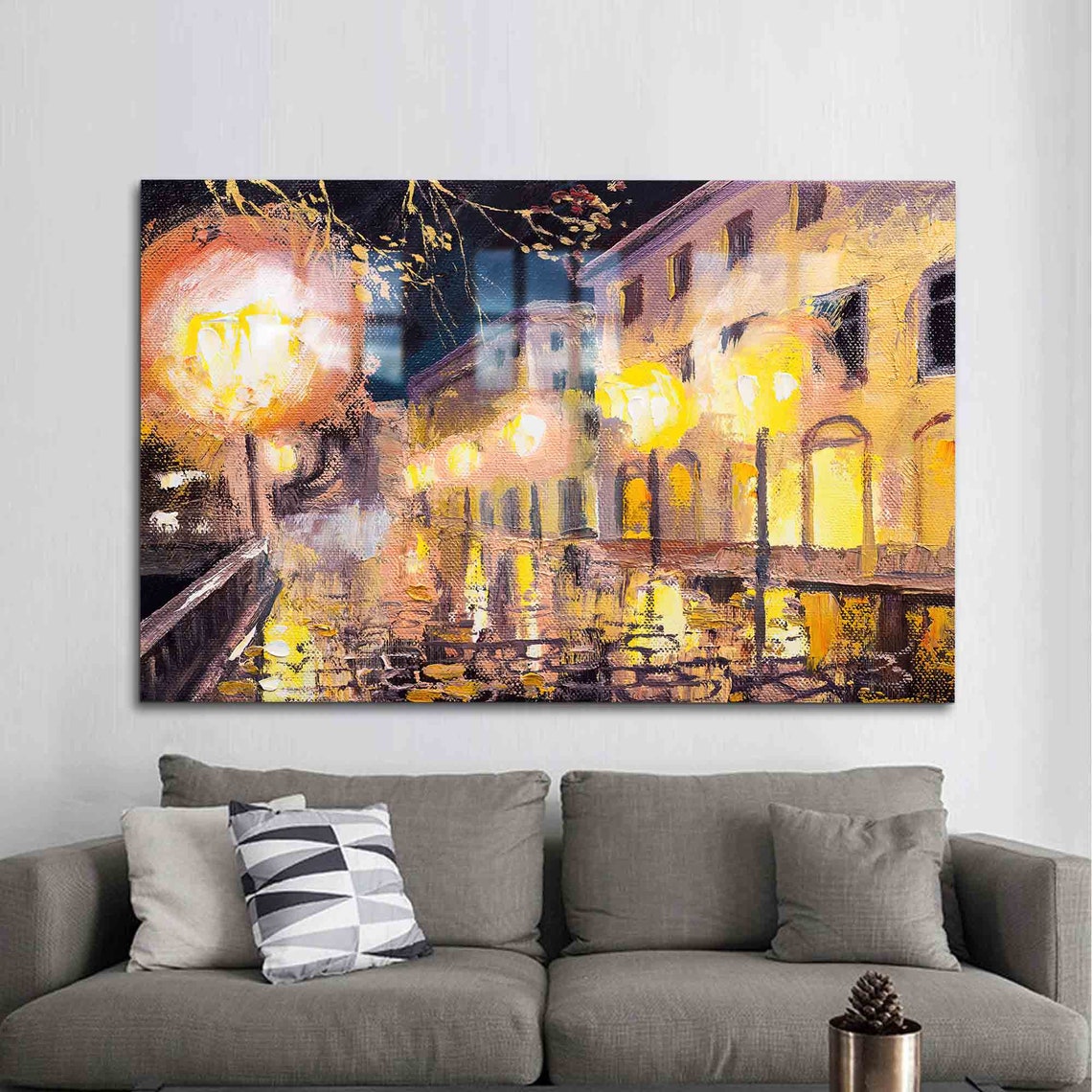 Dreamy Paris Night Rain Wet Cobblestone Golden Lamp Light Poster