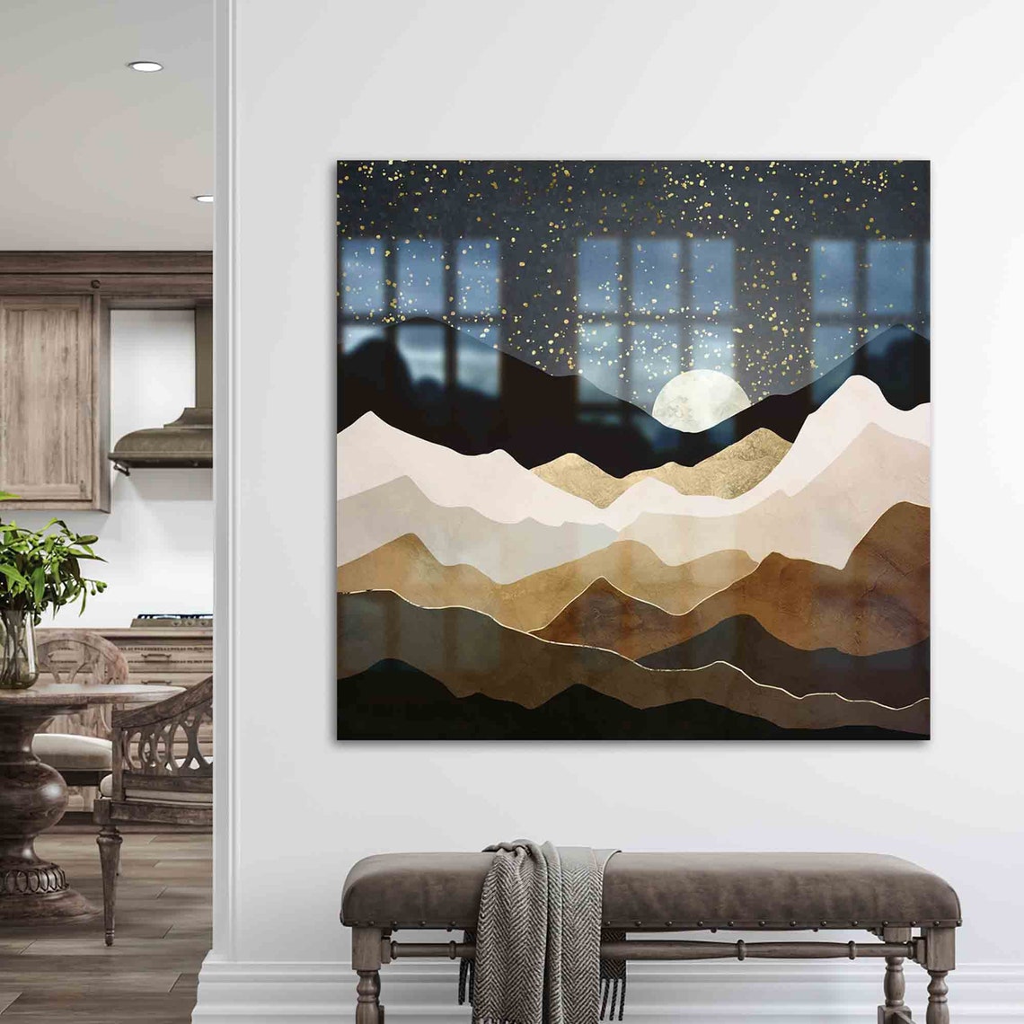 Glass Printing Tempered Wall Art Golden Mountains Print Night Landscape Decor Abstract Moon