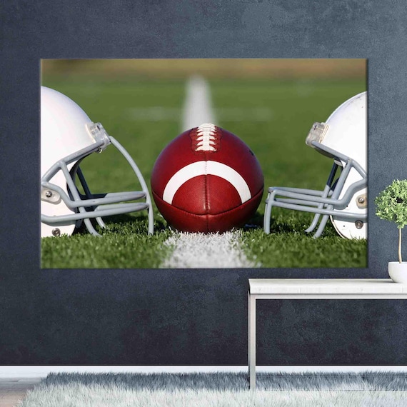 American Football Ball And Two White Helmets Field Sports Print