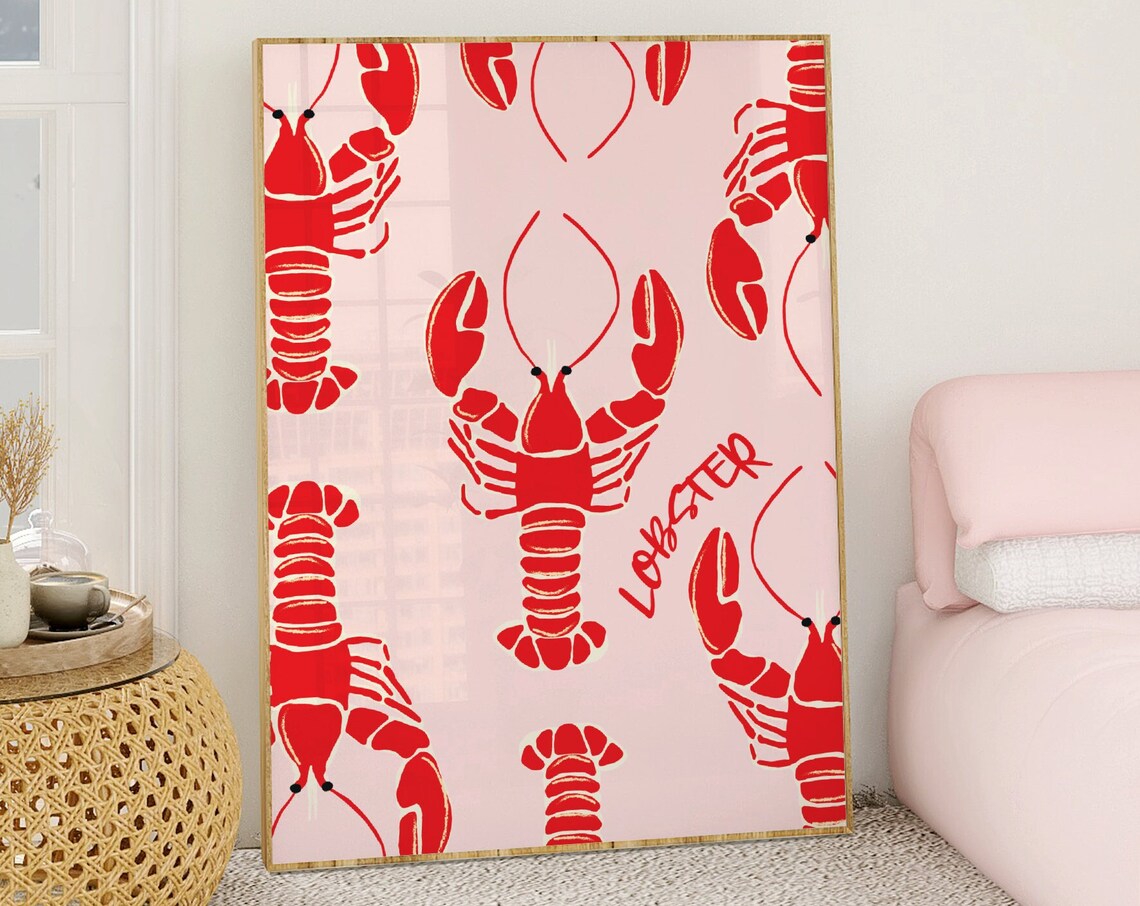 Pink Lobster Art Print, Colorful Sea Life Decor