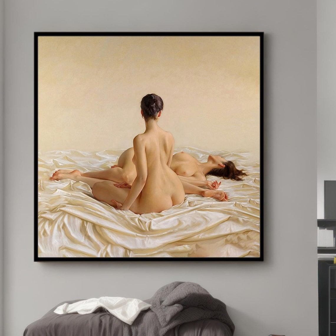 Two Nudes Ivory Satin Bed Classical Figure Painting Art Poster
