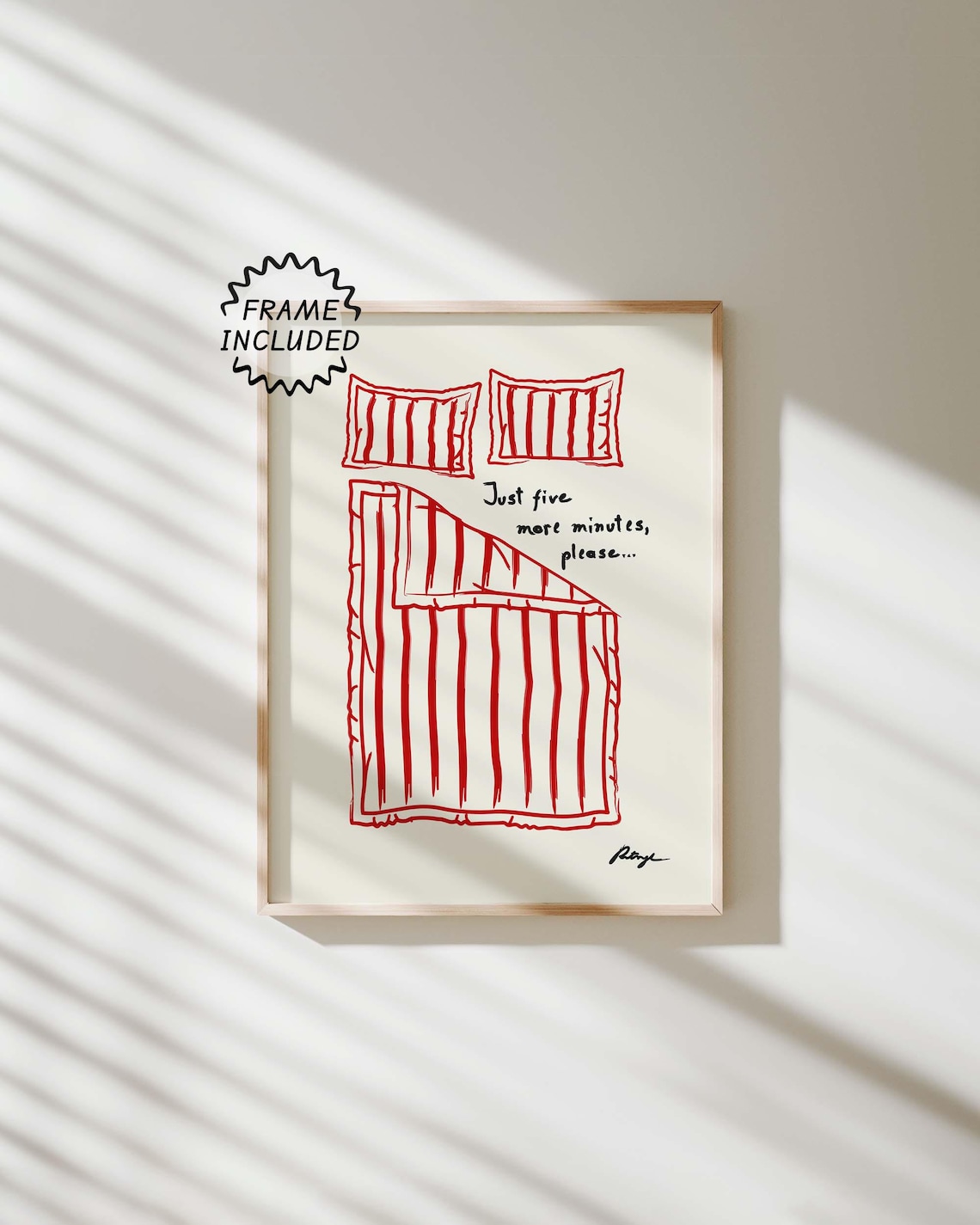 Funny Just Five More Minutes Bed Red Line Bedroom Art Poster