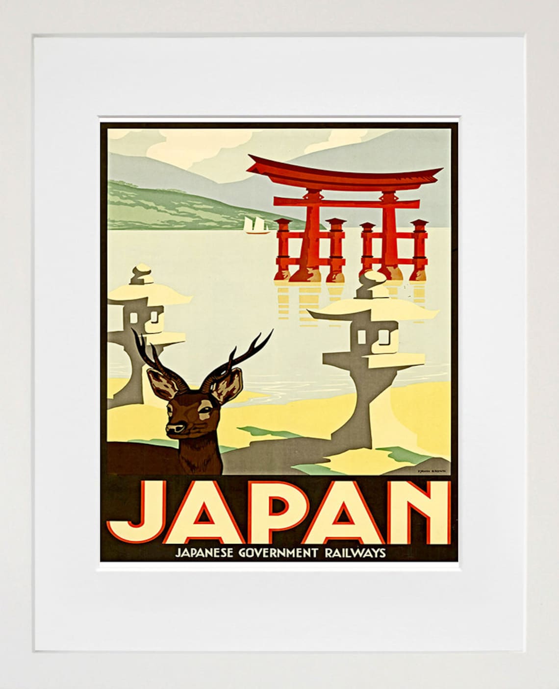 Japan Railways Sacred Deer Torii Gate Sea Vintage Travel Poster
