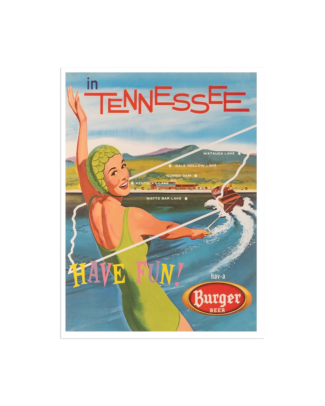 Tennessee Have Fun Burger Beer Waterskiing Lakes Vintage Poster