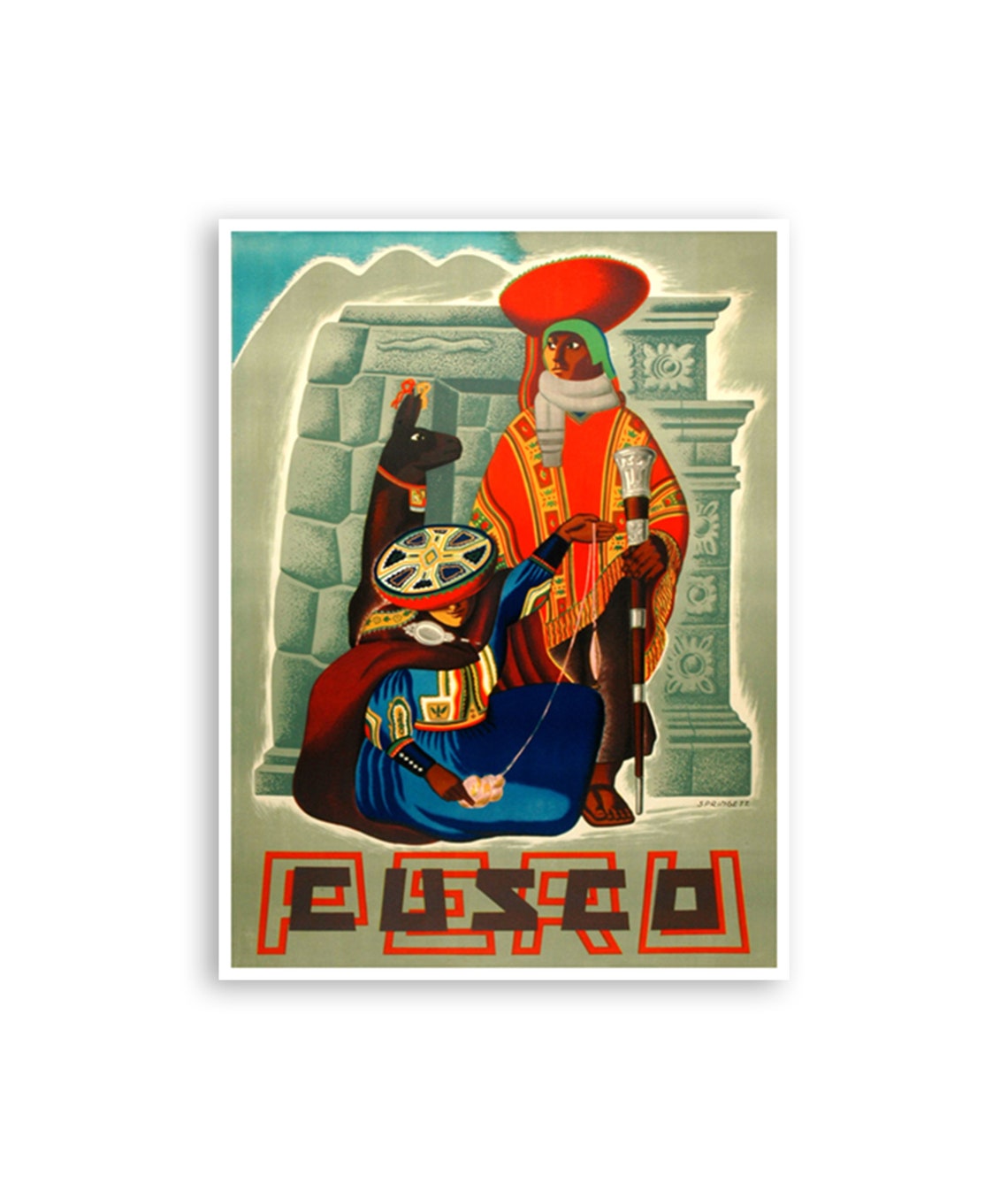 Cusco Peru Vintage Andean Figures Llama Inca Stonework Travel Poster