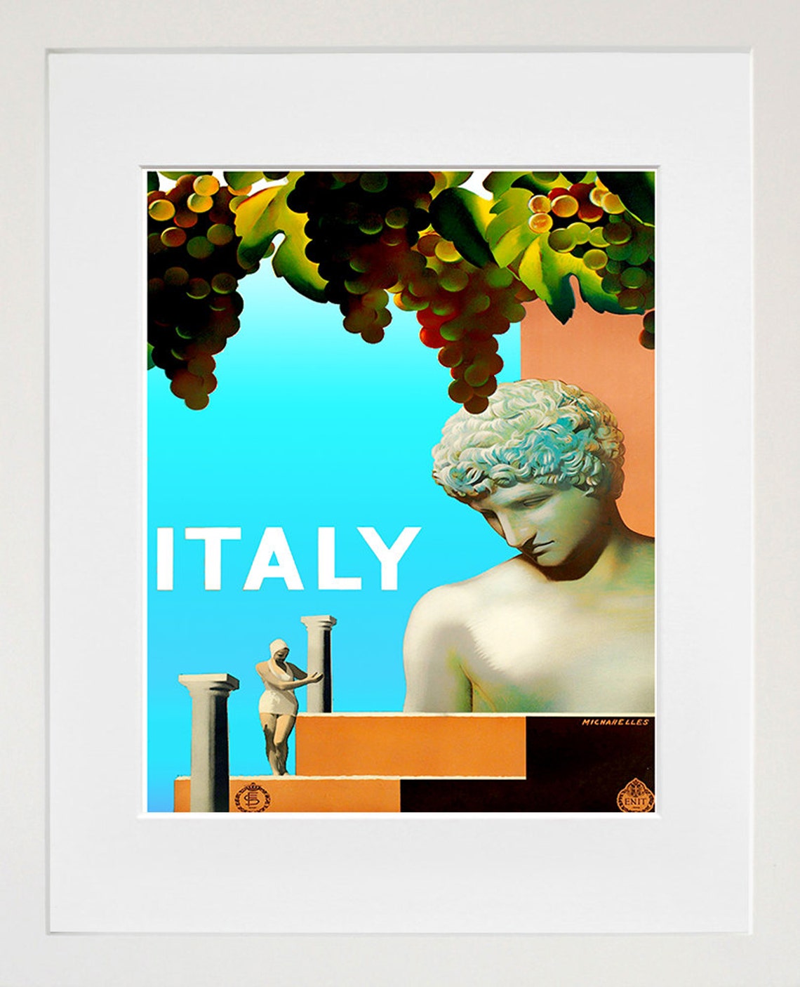 Italy Classical Statue Grapes Swimmer ENIT Vintage Travel Poster