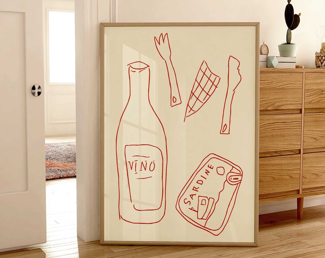 Vino And Sardine Red Line Drawing Wine Dinner Party Art Poster