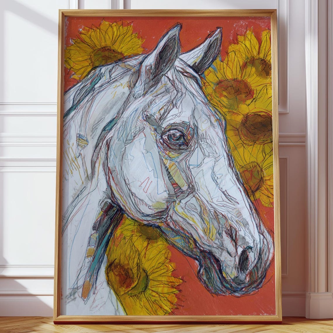 White Horse Head Sketch With Sunflowers Red Background Equine Poster