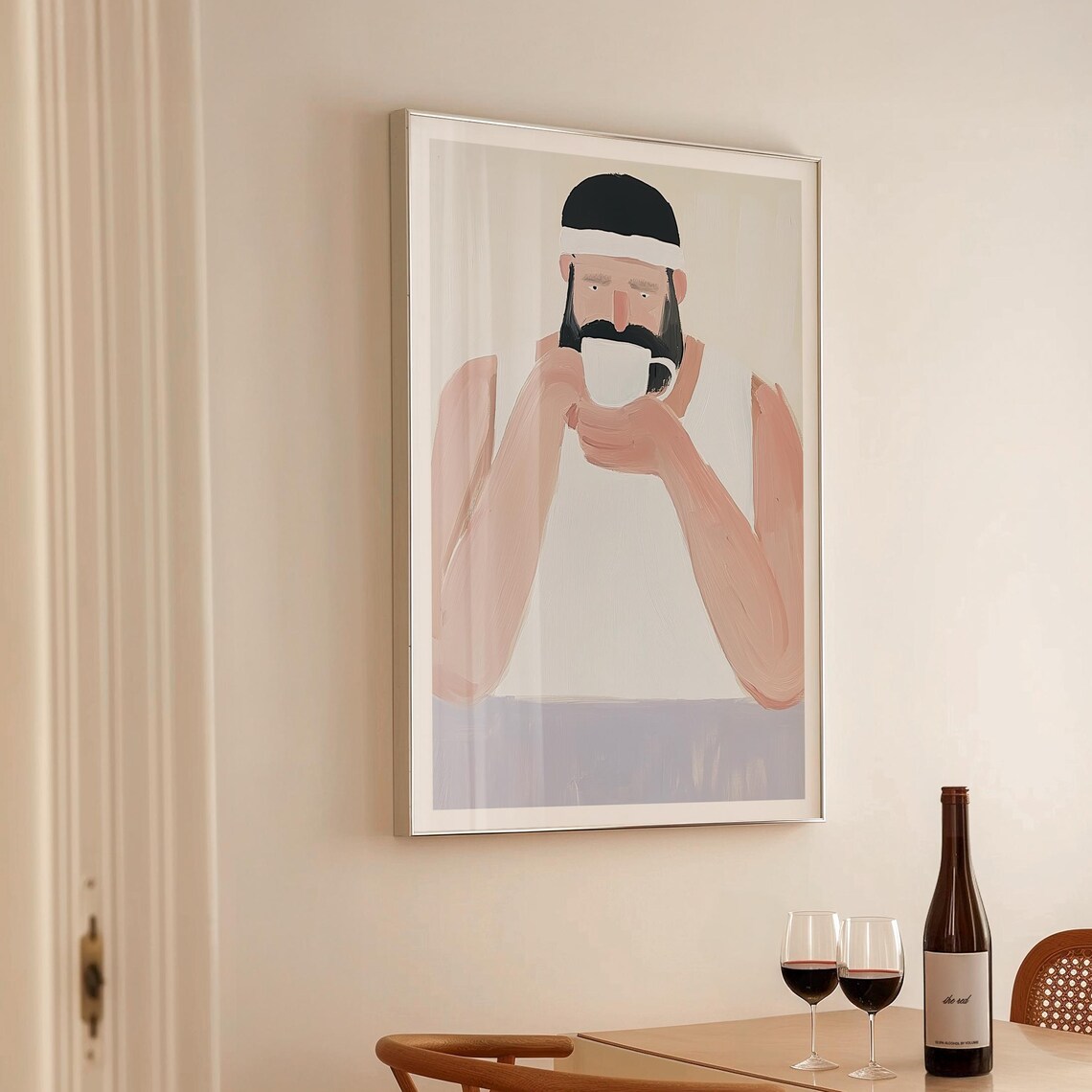 Bearded Man Drinking Coffee Minimalist Nordic Art Style Poster