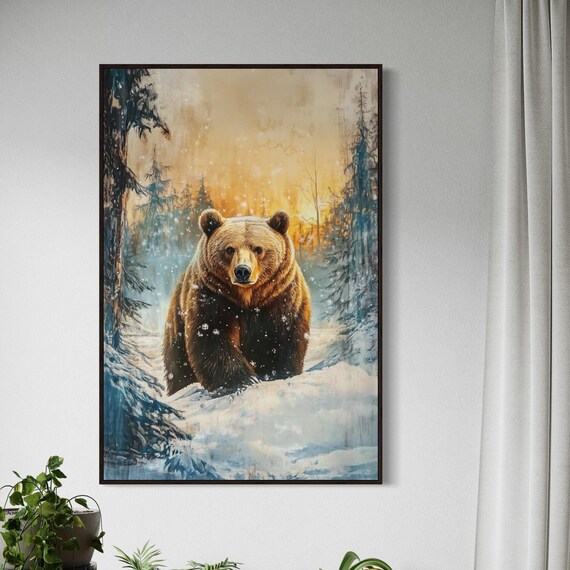 Majestic Brown Bear Snowy Winter Forest Golden Sunset Wildlife Poster