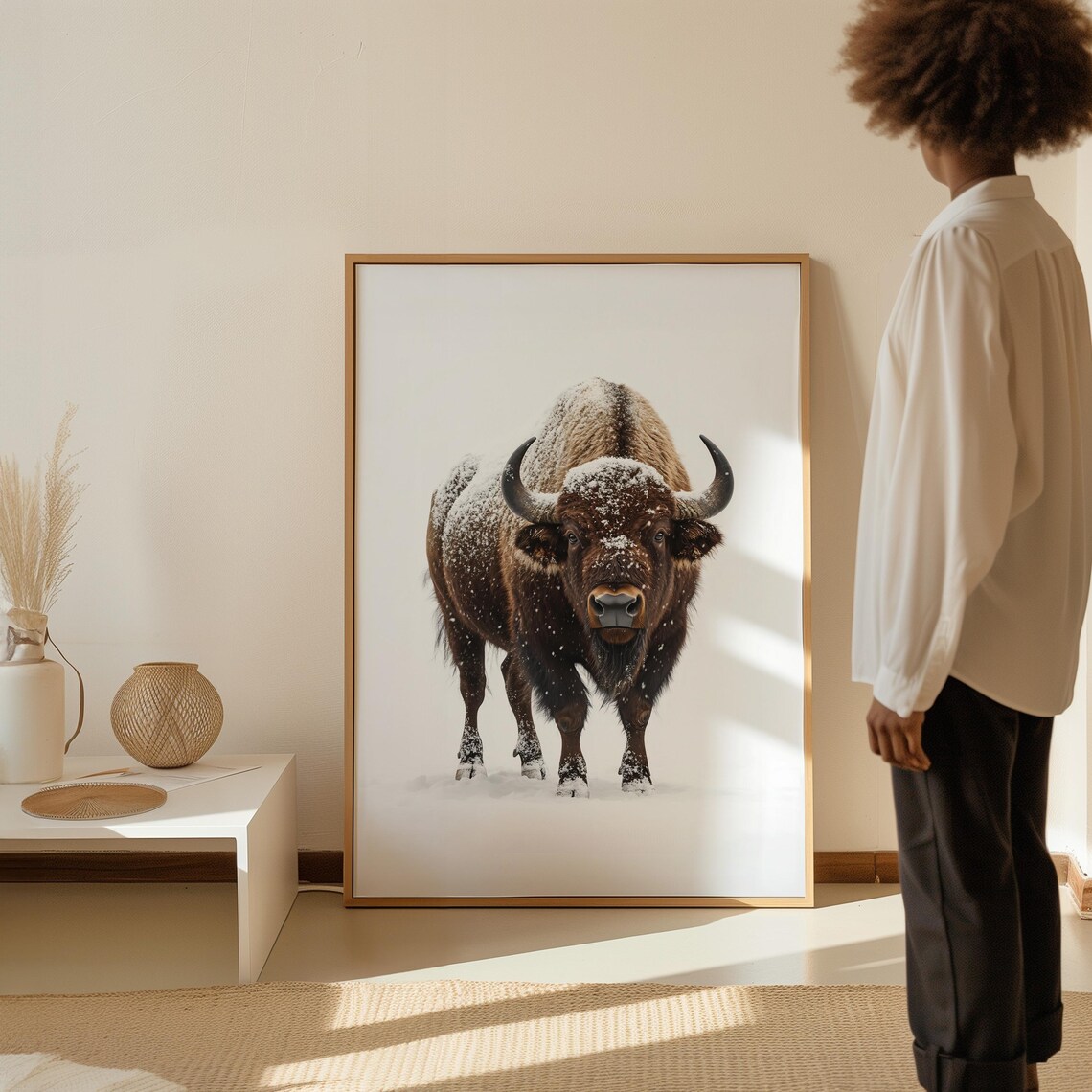 Bison In Snow Canvas Print Framed Buffalo Wall Art