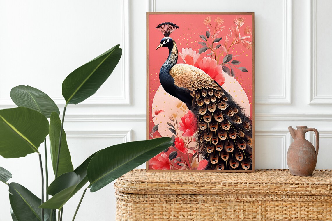 Elegant Peacock on Coral Pink Background with Floral Blooms Poster - Image 4