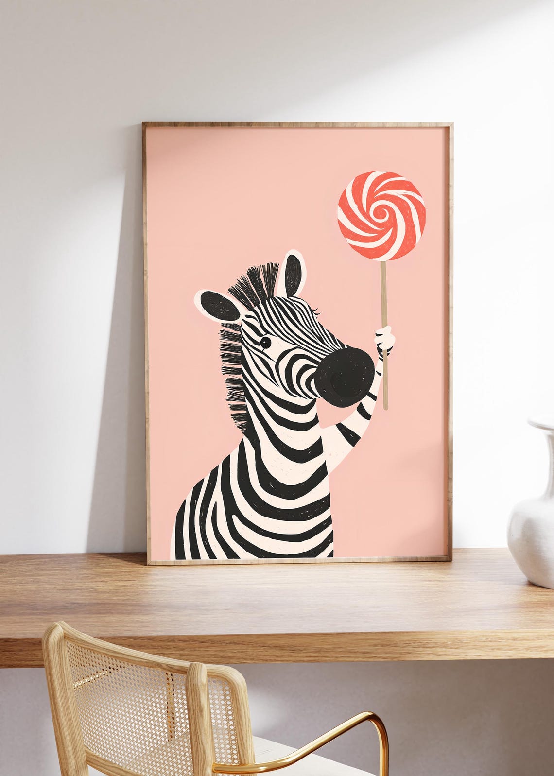 Cute Zebra Holding a Swirly Red Lollipop Pink Nursery Poster - Image 4