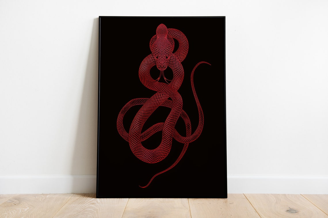 Striking Red Cobra Coiled Intricate Line Art Gothic Snake Poster
