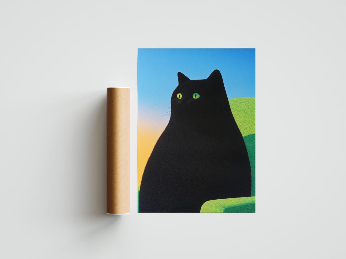 Chunky Black Cat with Green Eyes Against Sunset Gradient Poster - Image 2