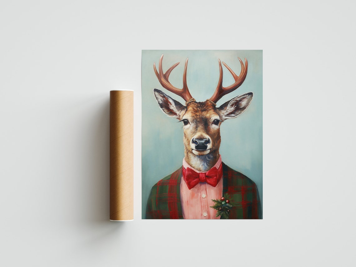Proud Stag in Red Bow Tie Green Plaid Christmas Jacket Poster - Image 3