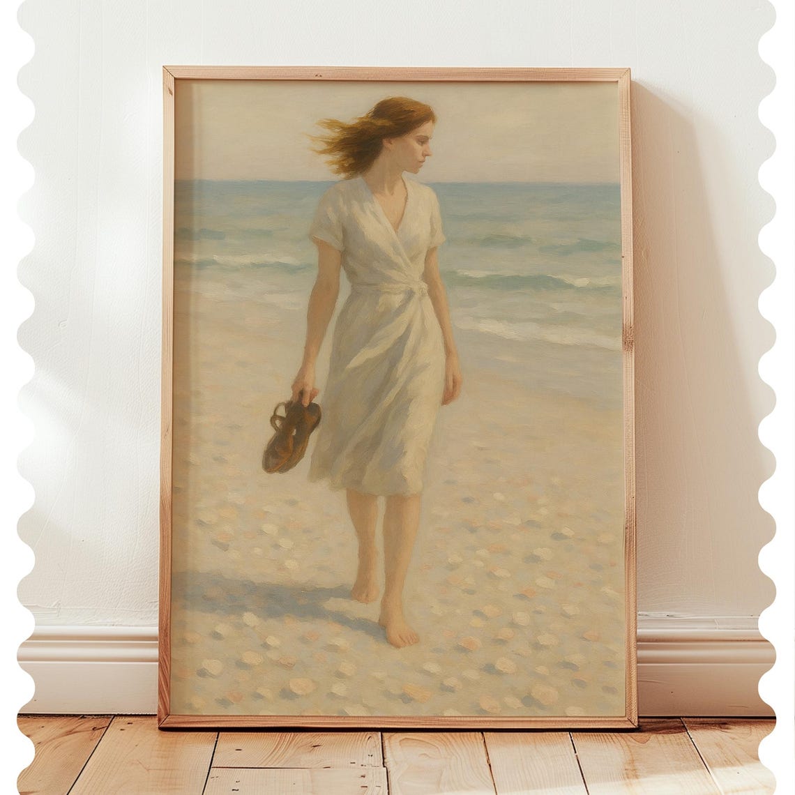 Woman Walking On Seashell Beach White Dress Coastal Painting Poster