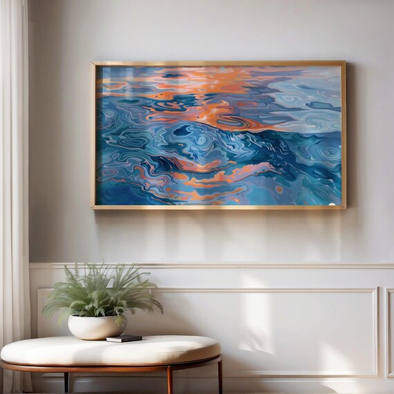 Abstract Ocean Wave Reflections in Vivid Blue and Orange Poster