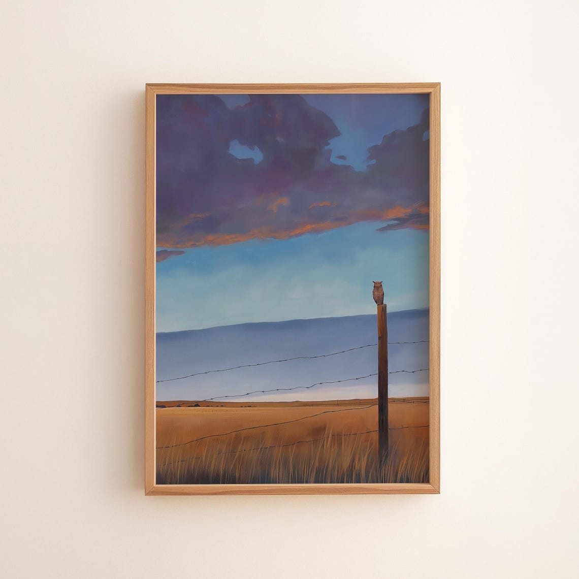 Rustic Owl On Fence Post Sunset Field Farmhouse Landscape Poster