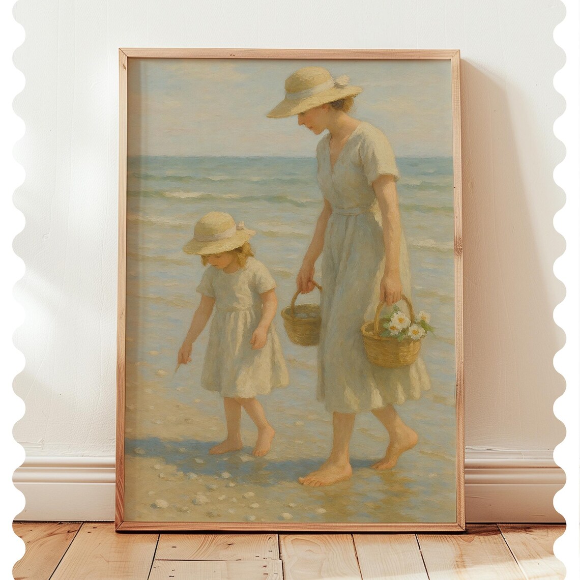 Mother Daughter Beach Walk Vintage Coastal Oil Painting Poster