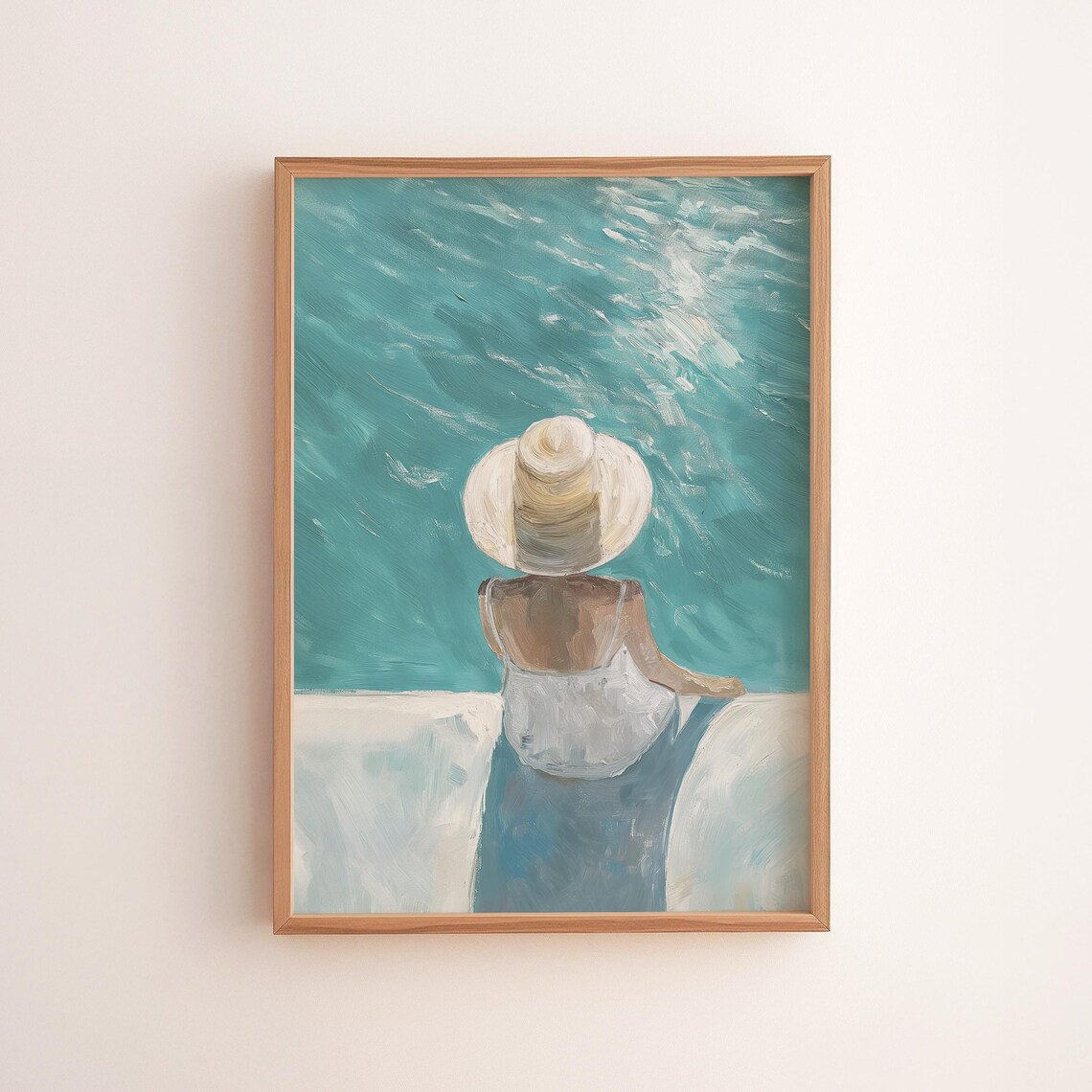 Woman in Sunhat Overlooking Turquoise Sea Coastal Oil Painting Poster