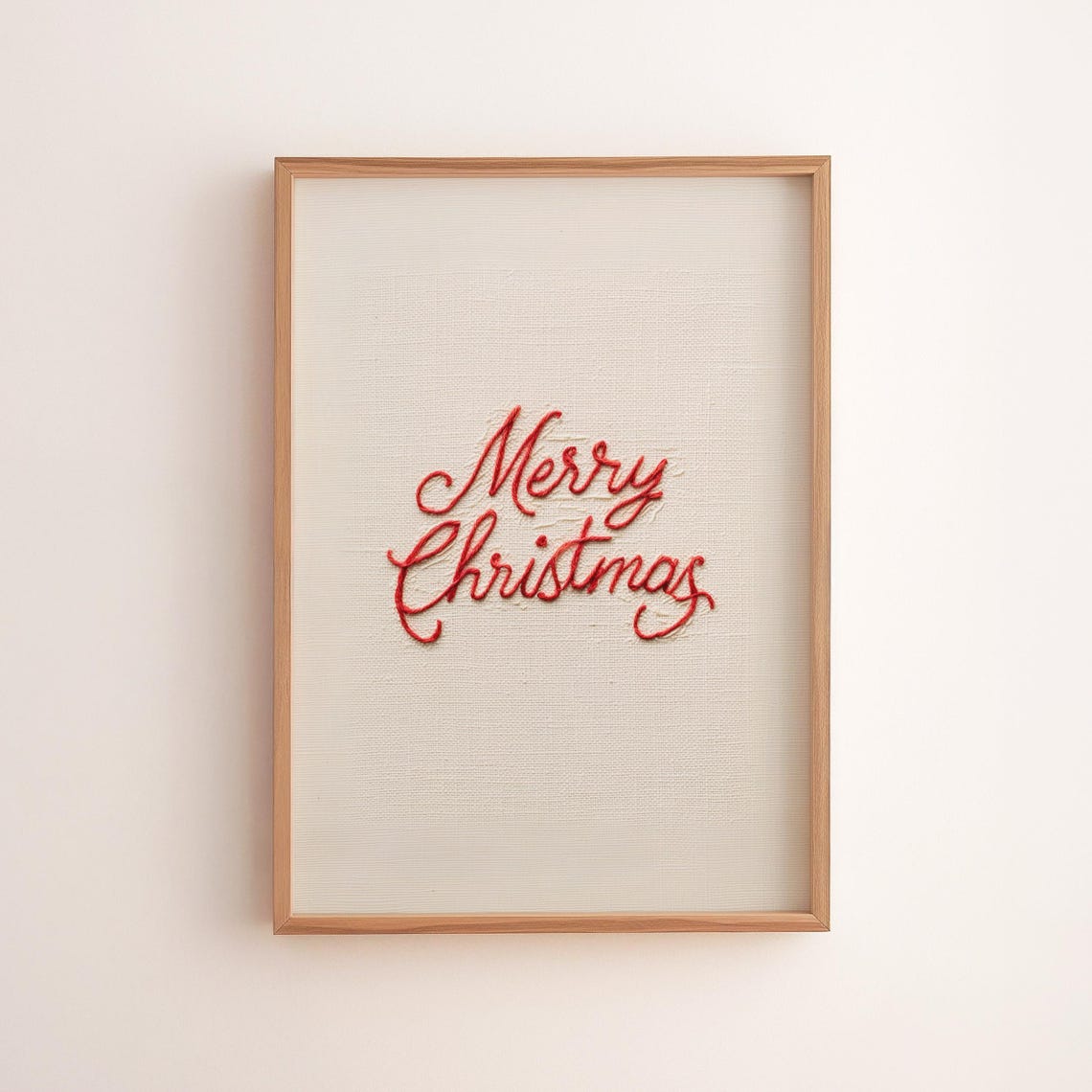 Cozy Merry Christmas Red Embroidered Script Holiday Linen Wall Art