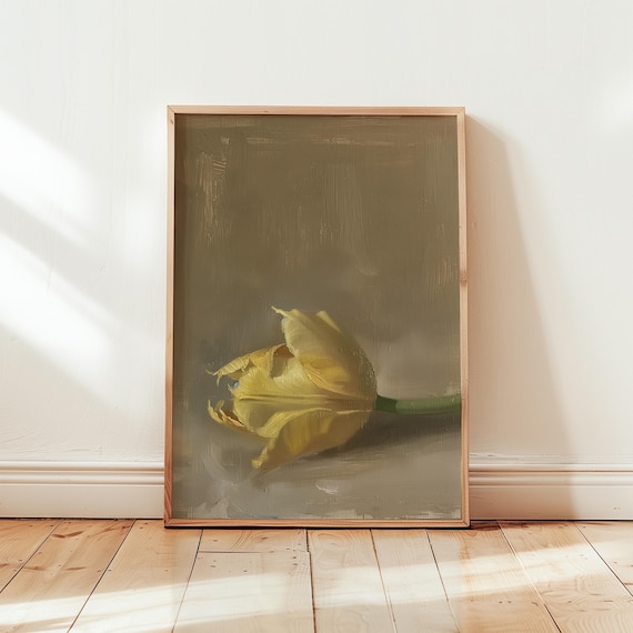 Yellow Tulip Oil Painting Moody Still Life Flower Study Poster