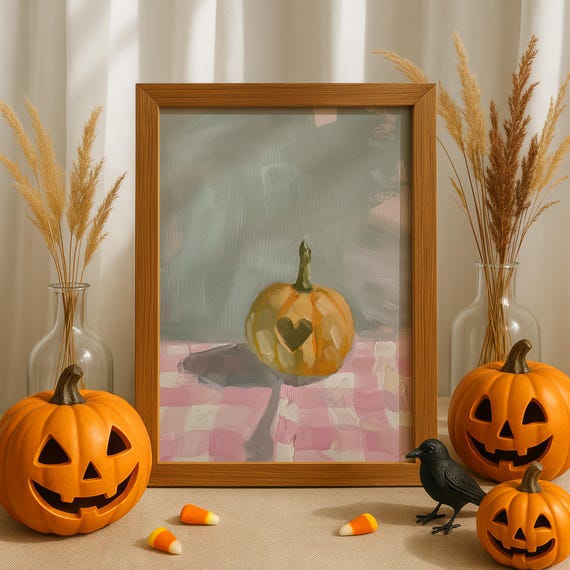 Pumpkin Heart Gingham Print Whimsical Fall Wall Art