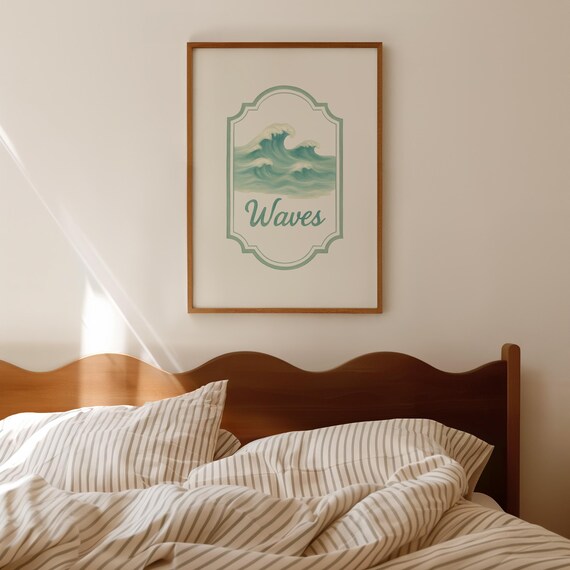 Waves Ocean Word Art in Seafoam Green Vintage Coastal Poster