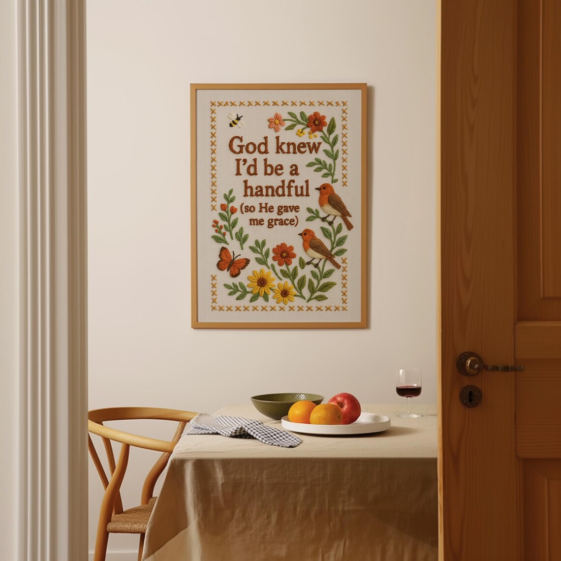 God Knew Id Be A Handful So He Gave Me Grace Embroidery Style Floral Poster