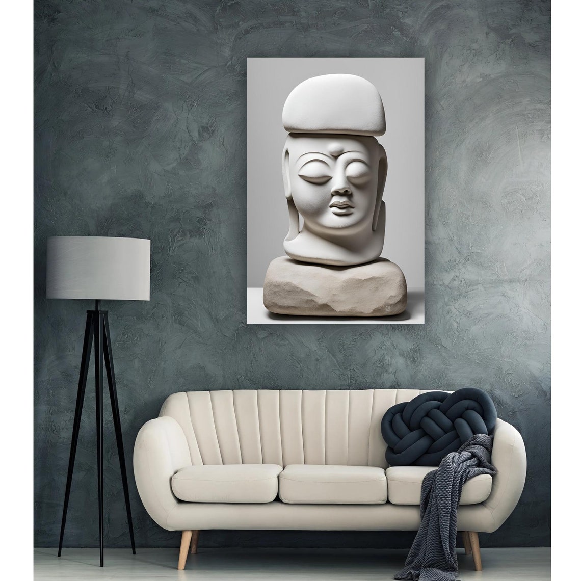Serene Stone Buddha Head Sculpture Minimalist Zen Meditation Art Print