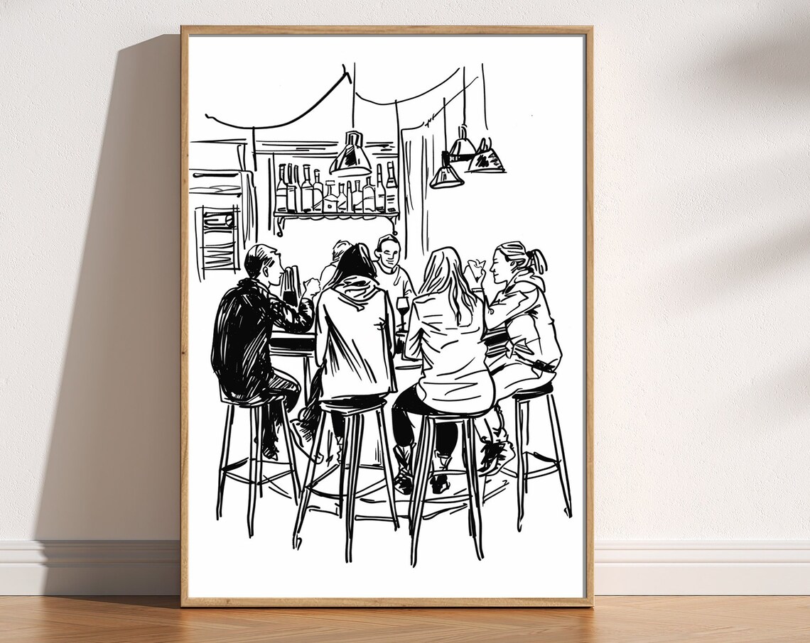 Friends At The Pub Bar Line Sketch Doodle Illustration Wall Poster