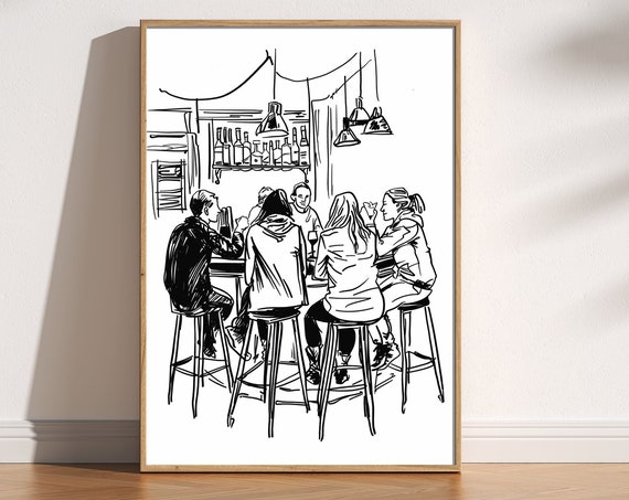 Pub Scene Doodle Illustration Print Fun British Poster Trendy Cute Kitchen Bar Cart Decor Friend Gift Party Alcohol Art
