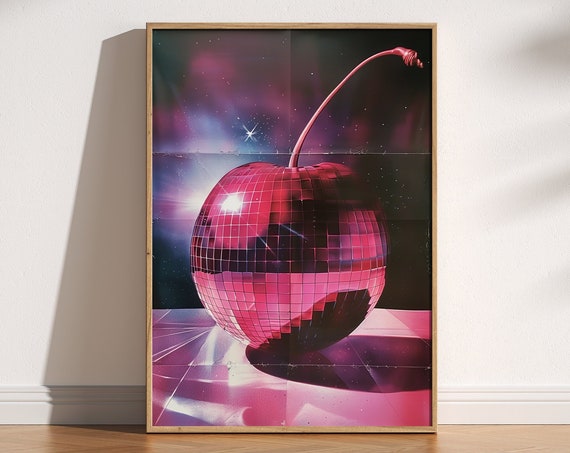 80s Cherry Print Trendy Cherry Poster Cherry And Checkerboard Nostalgia Retro Cherry Wall Art Clouds Sky Art Aesthetic 1980s Glam Print