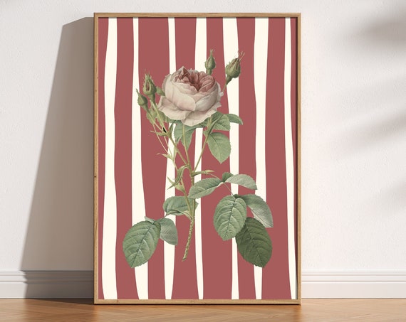 Stripy Background Flower Print Vintage Florals Modern Timeless Red Retro Aesthetic Flowers And Stripes Bold Eclectic Maximalist Poster